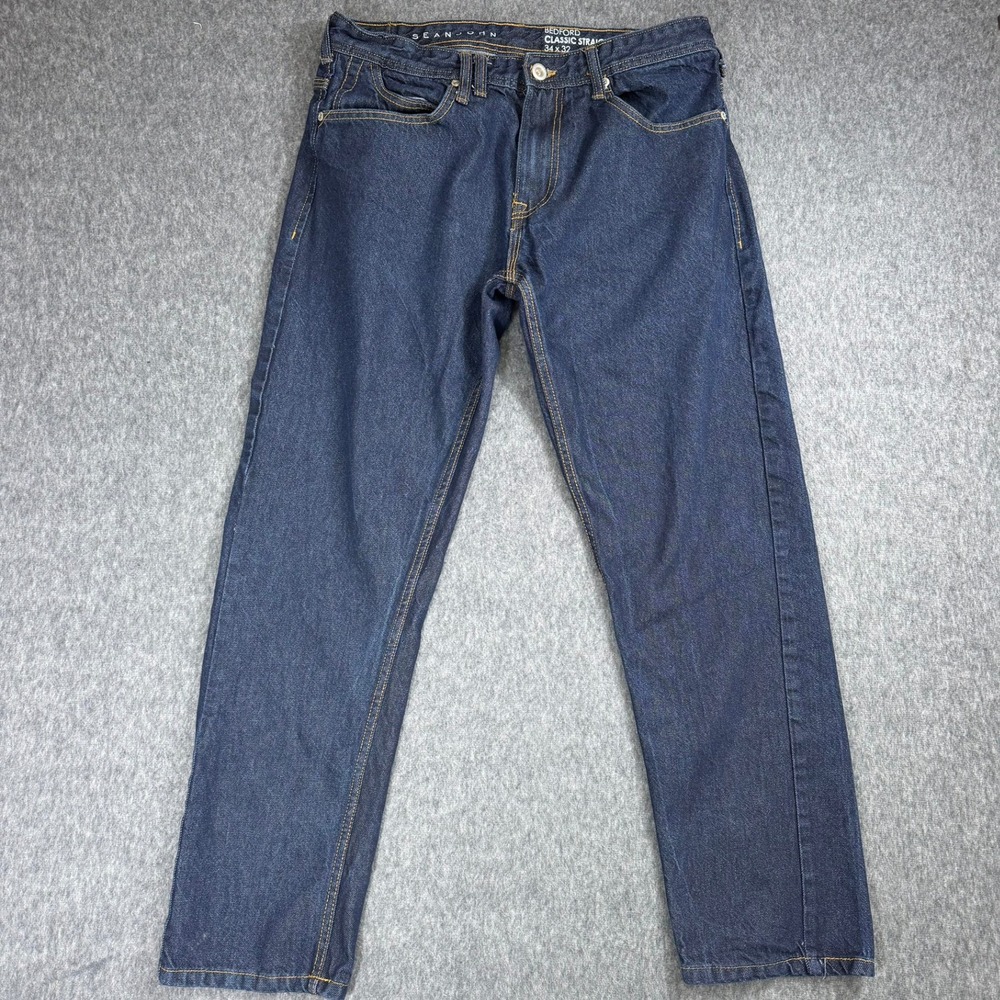 Sean John Jeans Mens 34x32 Blue Bedford Classic Straight Dark Wash Indigo Cotton